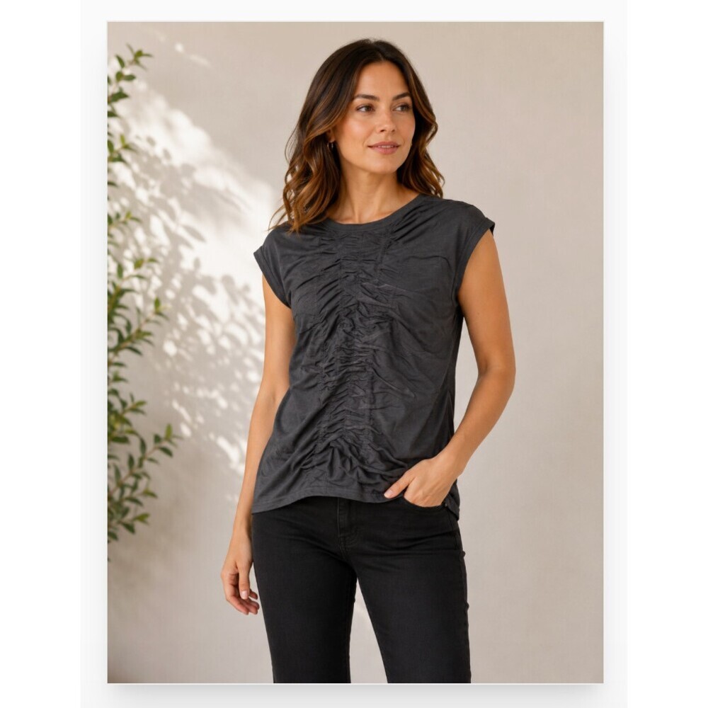 AllSaints Shirt Womens Small Black Jersey Textured Ruffle Cap Sleeve Top
